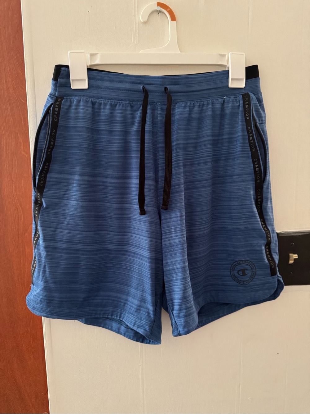 Champion Men's Striped Blue Athletic Shorts with Black Drawstring & Zip Pockets